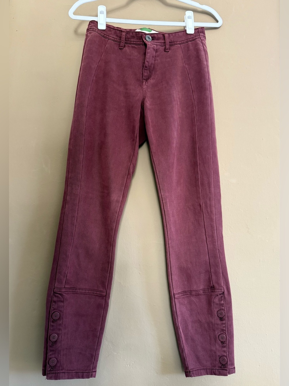 Midweight Stretchy Tencel Chino Skinny Pant Dark Raspberry Button Detail @ Calf